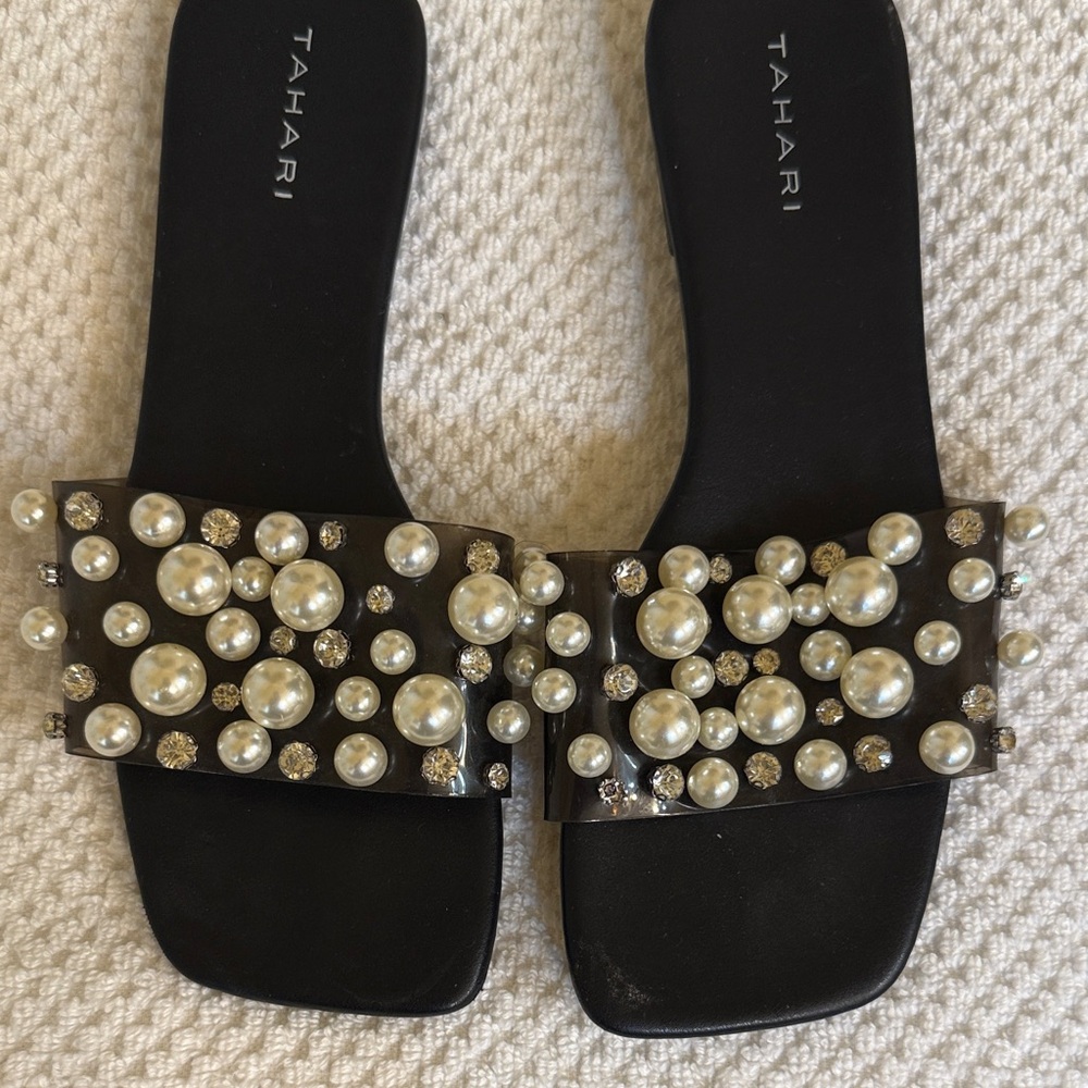 Tahari Black Slide Sandals with Pearl & Crystal Accents